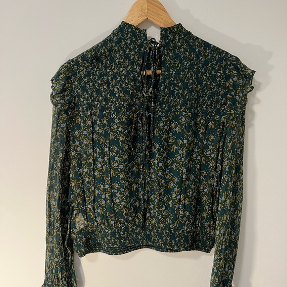 FREE PEOPLE Womens Green Floral Tie Neck Blouse - Picture 1 of 4